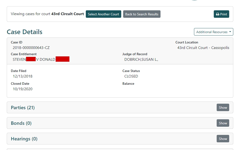 A screenshot of the case details from the search results on MiCOURTS - 43rd Circuit Court page displays information such as case ID, case entitlement, Judge, Court location, filed date and case status, including more buttons to view more details.