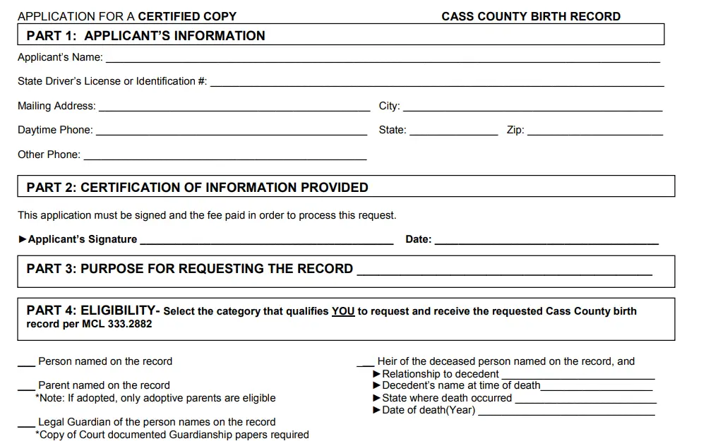 A screenshot of the Application for a Certified Copy of Birth Records from the Cass County Clerk/Register's Office shows the requested fields, such as the applicant's information, certification of information provided, purpose, and eligibility.