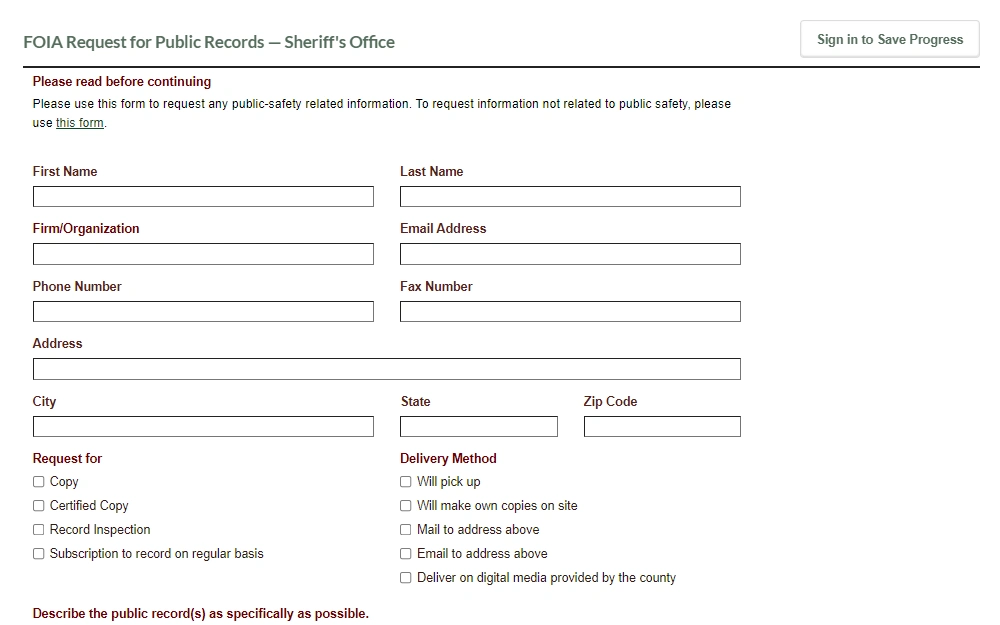 A screenshot of the FOIA Request for Public Documents on Cass County Sheriff's Office website requires searchers to fill out the necessary information for the request, including the requester's full name, firm/organization, contact information, address, and select type of request and delivery method. 