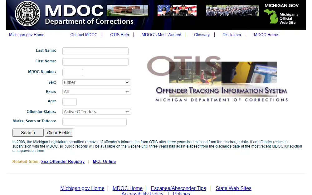 A screenshot of the Michigan Department of Corrections' Offender Tracking Information System shows the required fields to search, such as the offender's full name, MDOC number, sex, race, age, and offender status.