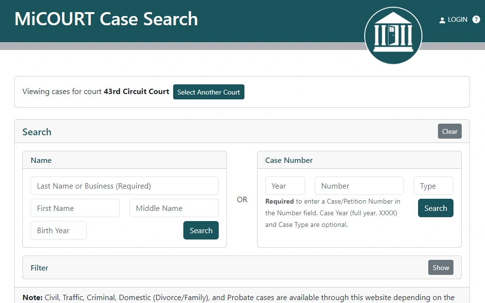 A screenshot of MiCOURT's search page displays two search options: By Name or By Case Number for 43rd Circuit Court.