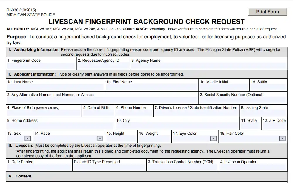 A screenshot of the Livescan Fingerprint Background Check Request form to Michigan State Police, where the searcher must input the necessary information for the request, with an option to print.