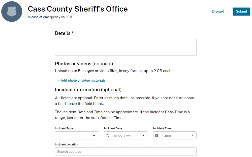 A screenshot of the anonymous tip online form from the sheriff's office of Cass County, with fields provided for details, address, and drop-down menus for incident type, date, and time.