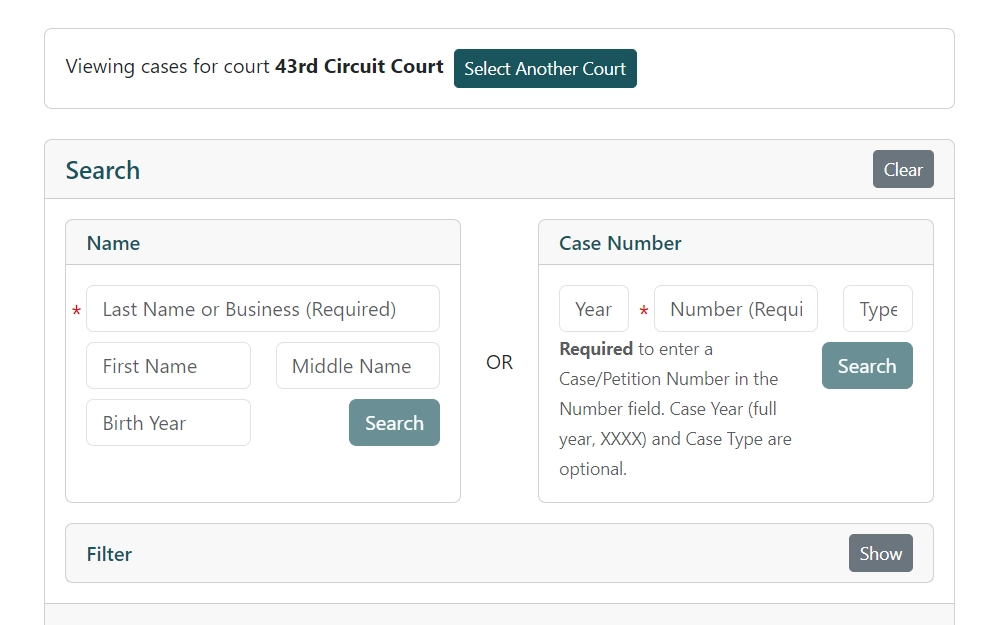 Screenshot of the search tool for Cass County displaying the searches by name and case number with corresponding required fields.