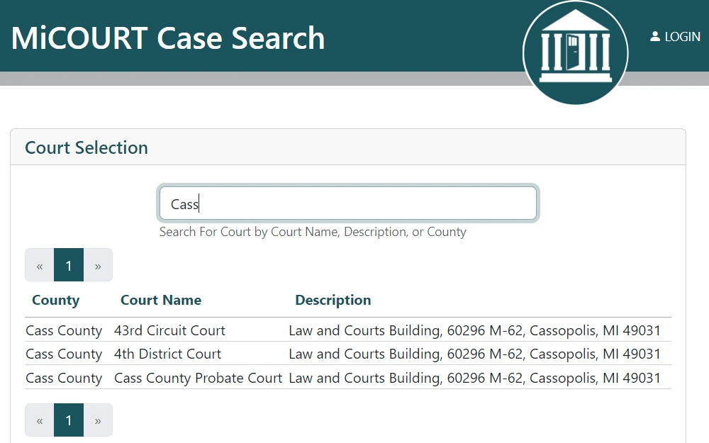A screenshot of the Michigan courts search court selection page showing the county, name, and description.