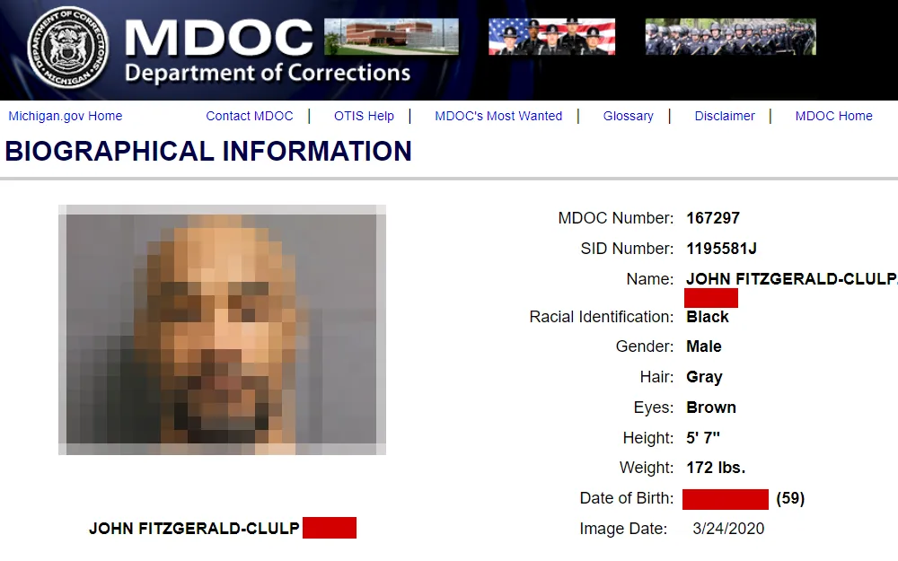 A screenshot of an offender's information from the Michigan Department of Corrections displays the individual's mugshot, name, MDOC and SID numbers, race, gender, hair and eye colors, height, weight, date of birth, and the date when the image was taken.